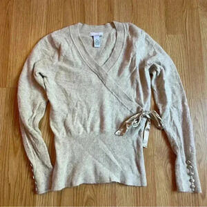 Lucy & Laurel wool and rabbit hair faux wrap tan sweater satin buttons size med